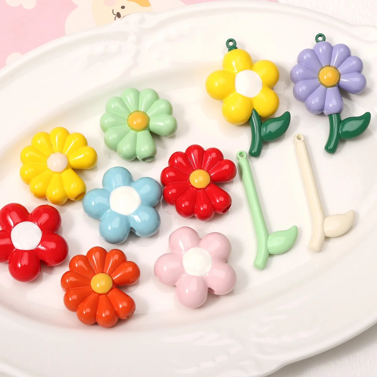1pc Candy Color Acrylic Daisy Five Petal Flower Stem Beads Pendant For DIY Keychain Bag Charms Bracelet Jewelry Making Materials