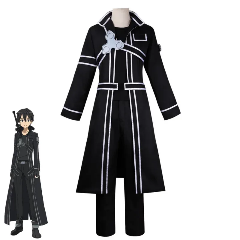 

Anime Sword Art Online Kirigaya Kazuto Cosplay Costume SAO Kirito Black Long Coat Trench Wig Man Woman Halloween Party Suitv;2,r