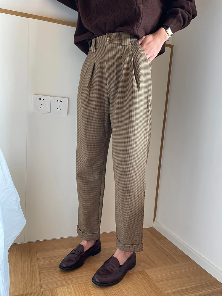 

Классические винтажные брюки в клетку с широкой талией на подкладке против морщин, прямые брюки с высокой талией, полиэстер, хлопок, спандекс