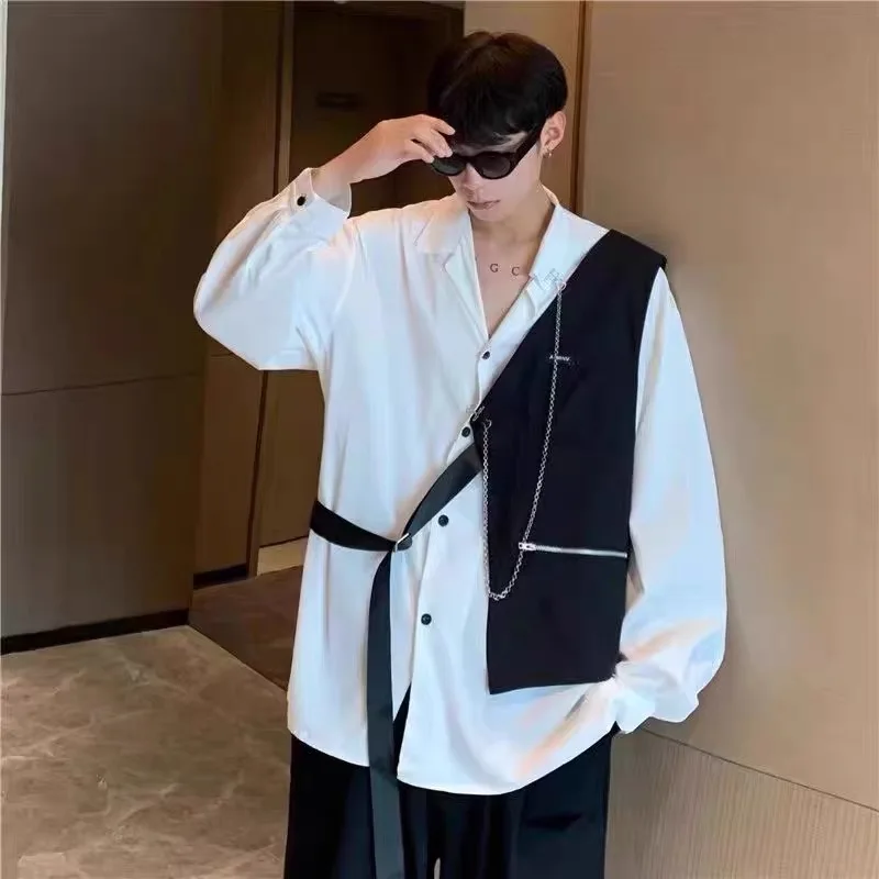 

gentleman vest belt zipper chain tops shirts male trendy Y2K senior ins chic blouse men man black white high street party shirts