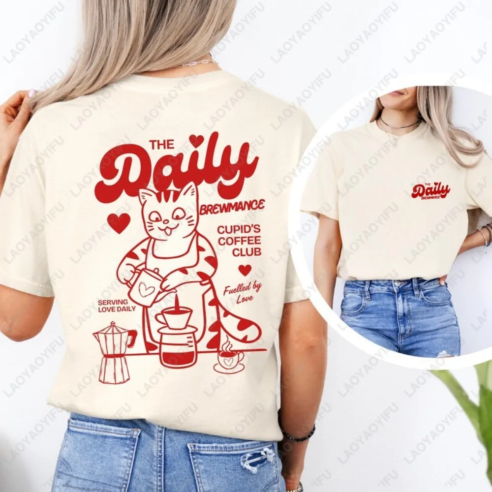 

The Daily Brewmance Cat Coffee Tshirt Women Retro Print Casual Crew Neck Short Sleeve Cotton Top Cupid's Coffee Club Graphic Tee