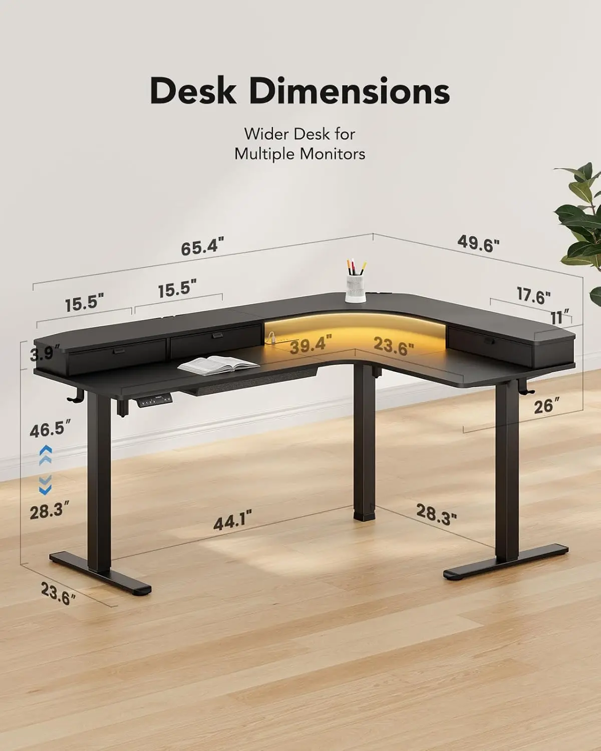 65″ L Shaped Standing Desk with Power Outlets LED Strip Support C Clamp Mount Electric Height Adjustable Corner Computer Desk