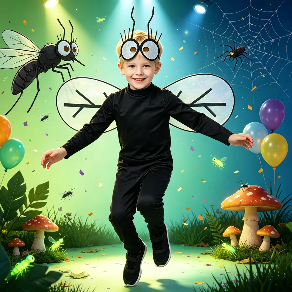Disfraz de insecto mosquito con alas y diadema, ideal para Halloween, cosplay, fiestas de carnaval y eventos temáticos. Incluye mono negro.