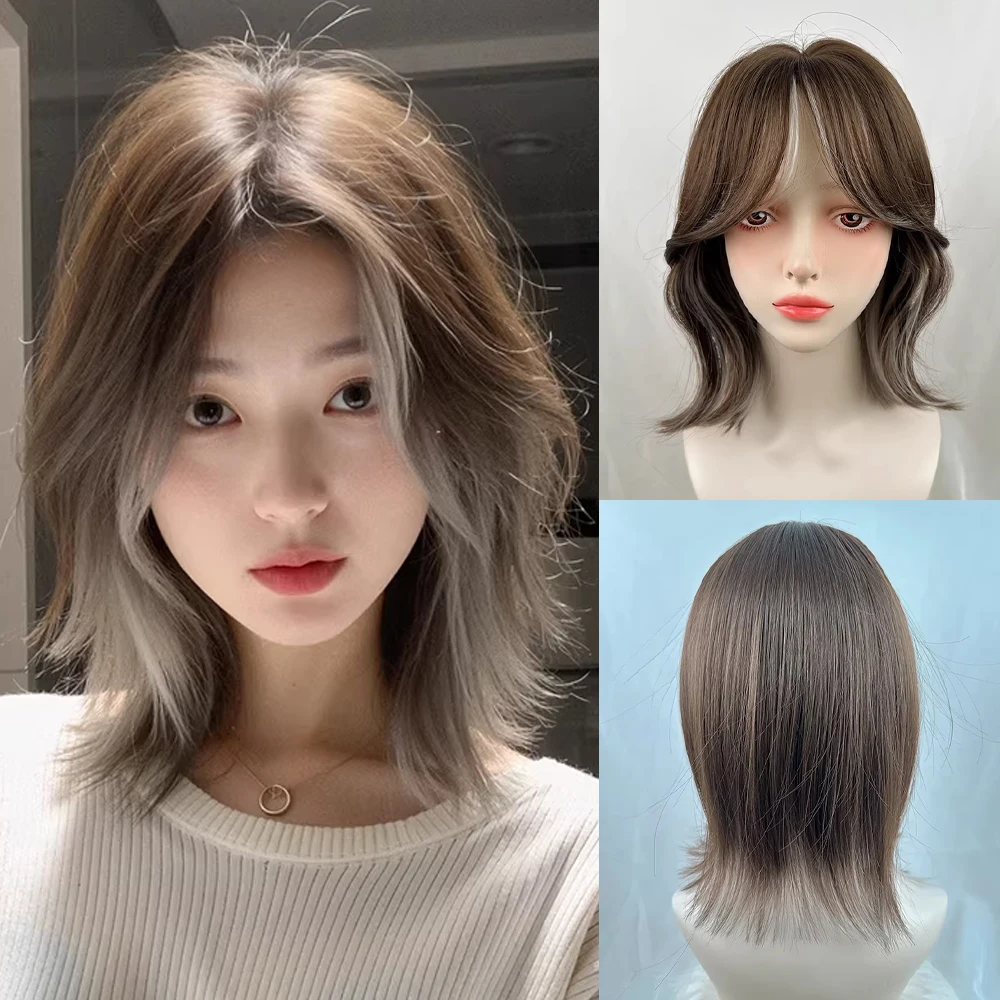 

Короткие коричневые серые прямые синтетические парики с омбре с челкой Лолита для косплея, пушистый женский термостойкий парик для повседневной вечеринки
