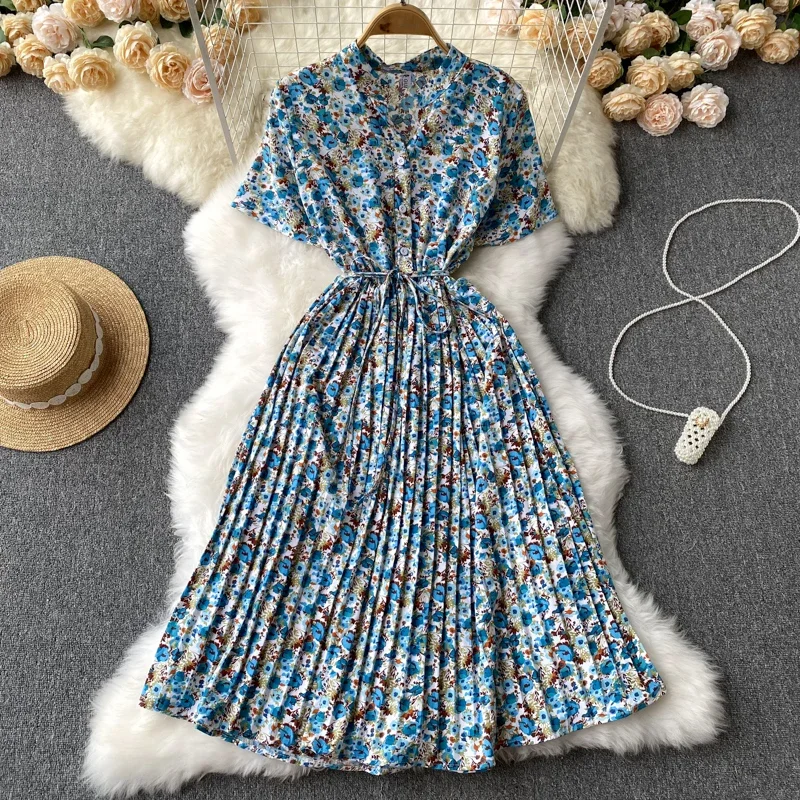 Robe longue à bandes pour femmes, col en v, manches courtes, Slim, Chic, douce, florale, ourlet plissé, robe de vacances, nouvelle collection été 2026