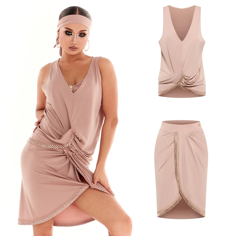 

Одежда для латинских танцев чача для взрослых, топ без рукавов, плиссированная юбка, женские костюмы для соревнований по латинским танцам румба, SL13837