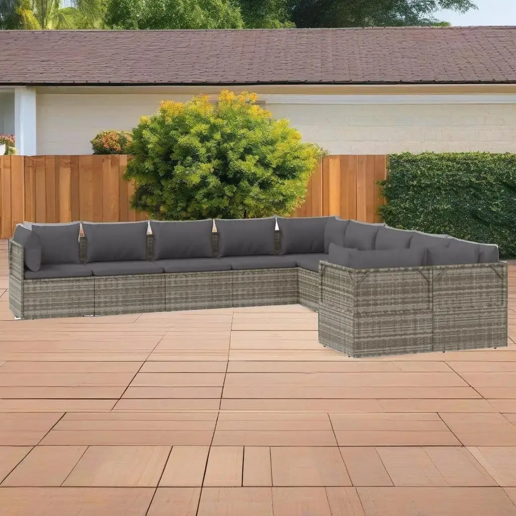 10-Piece Gray Poly Rattan Patio Lounge Set with Cushions – Stylish Outdoor Furniture