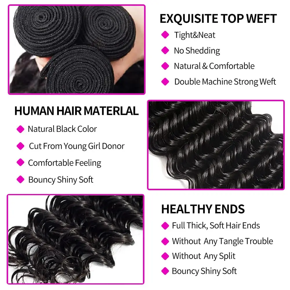 Pacotes de cabelo humano onda profunda com fechamento, cabelo humano virgem brasileiro, tecer, 3 pacotes, 4x4 HD Lace Encerramento, cor natural, 1B