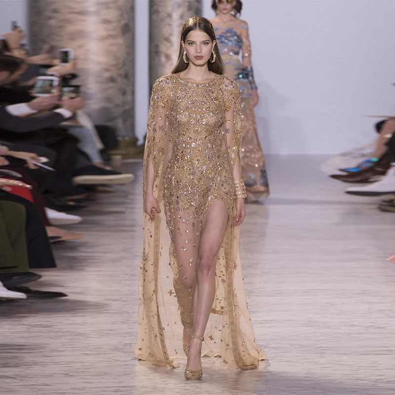 

2078 Sexy Zuhair Murad Gold Crystal Cape Slit Mermaid فساتين السهرة vestidos de fiesta فساتين سهره evening dresses