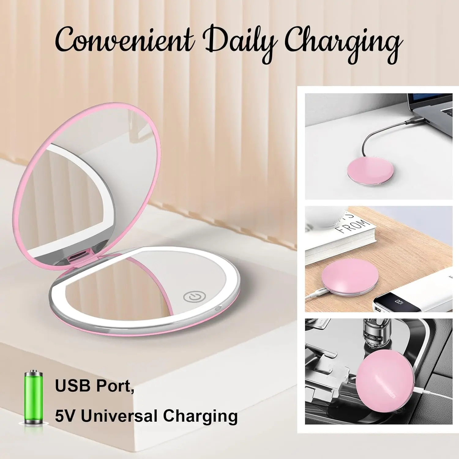 Compact Makeup Mirror with Lights 1X/3X Magnification Rechargeable LED Travel Portable Handheld Pocket Cosmetic Mirror for Gifts