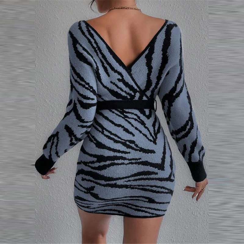 Women Chic Leopard Print Office Long Dress 2025 Fashion V-neck Belt Pullover Dress Elegant Lady Long Sleeve Loose Party Dress