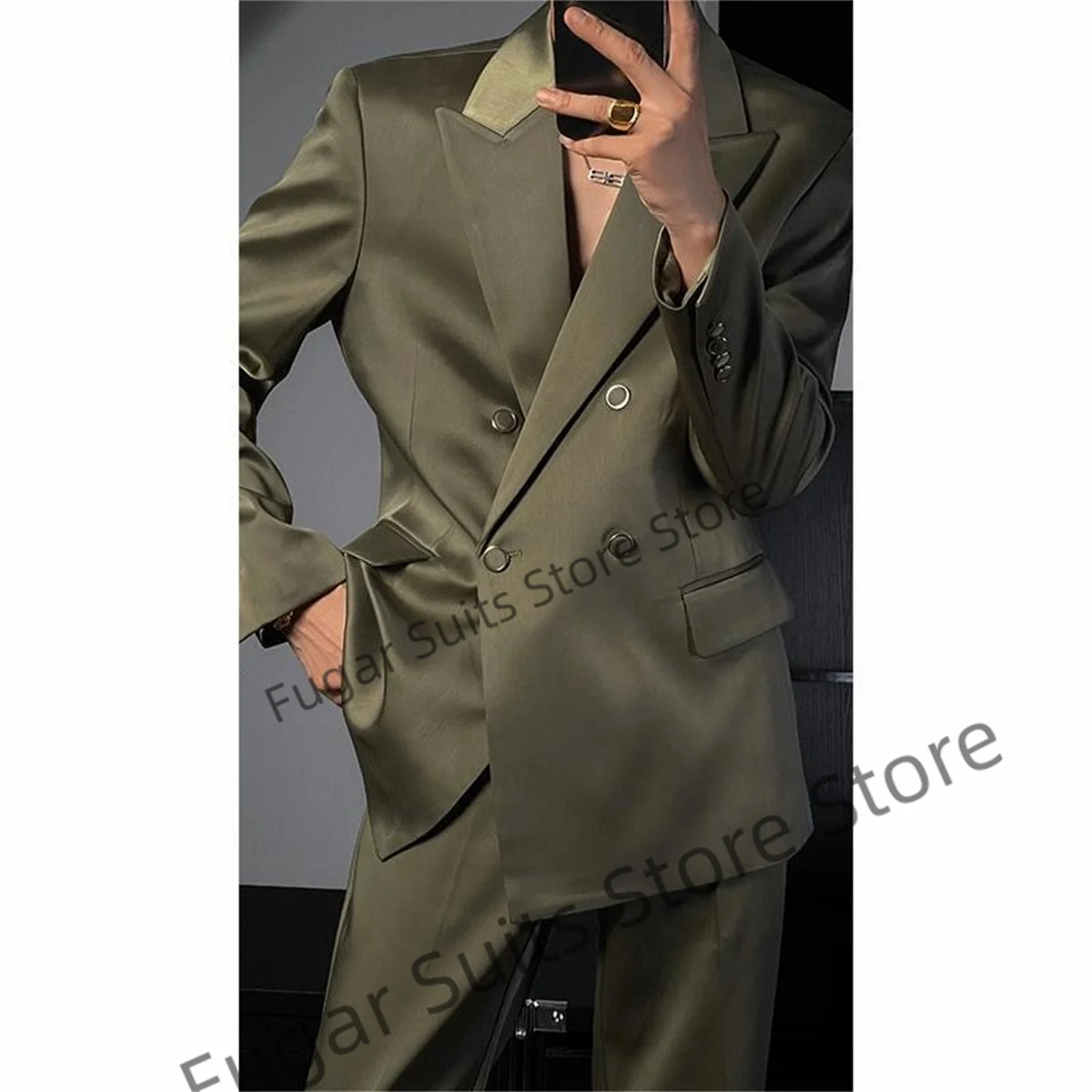 Army Green Silk Fabric Elegant Suits For Men Slim Fit Double-breasted Wedding Groom Tuxedos 2 Pcs Sets Peak Lapel Costume Homme