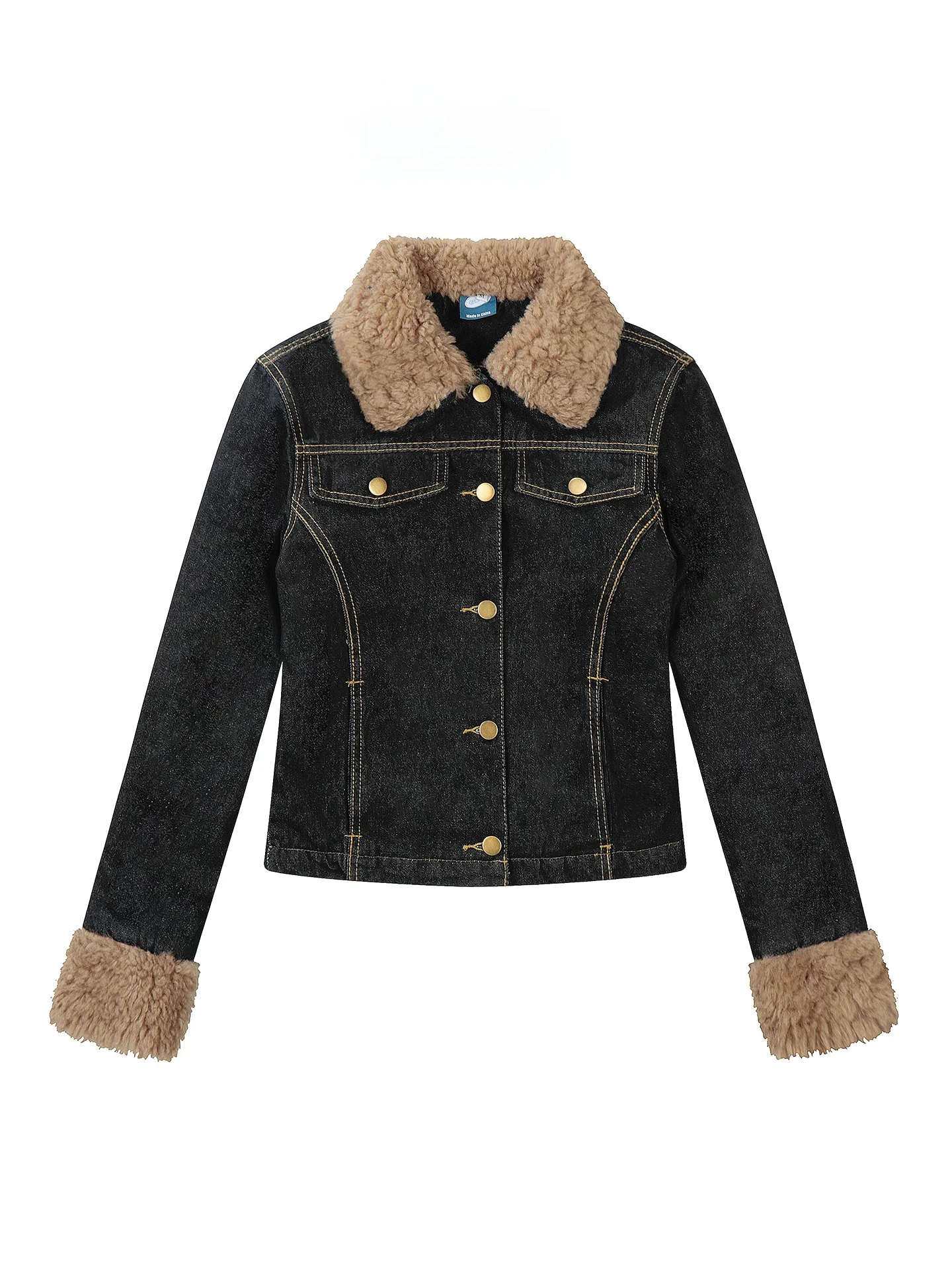 

Retro American Lamb Fur Collar Patchwork Denim Jaet Women's Autumn Winter Warm ort Cardigan Faion Sli Slim Fit Cott...