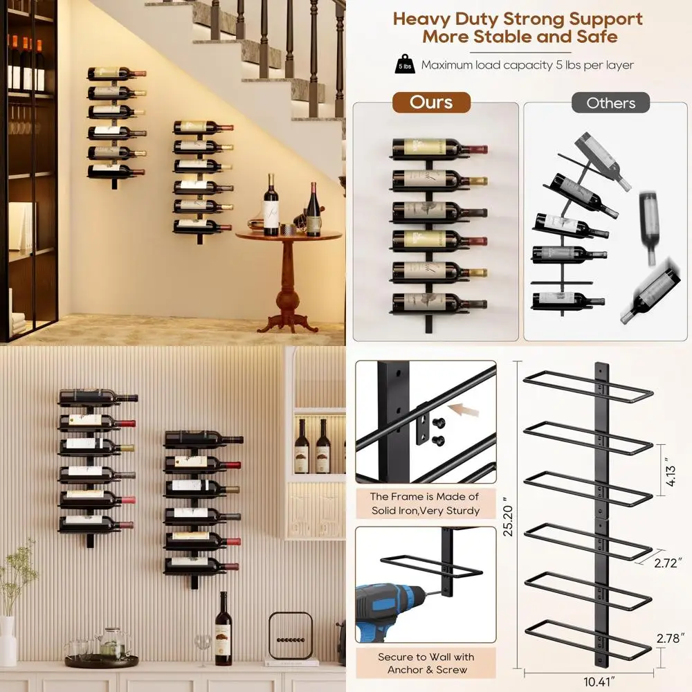 

Metal Wall-Mounted Wine Rack for 12 Bottles, Perfect for Home Bar, Cellar, Kitchen, and Dining Room (Black)
