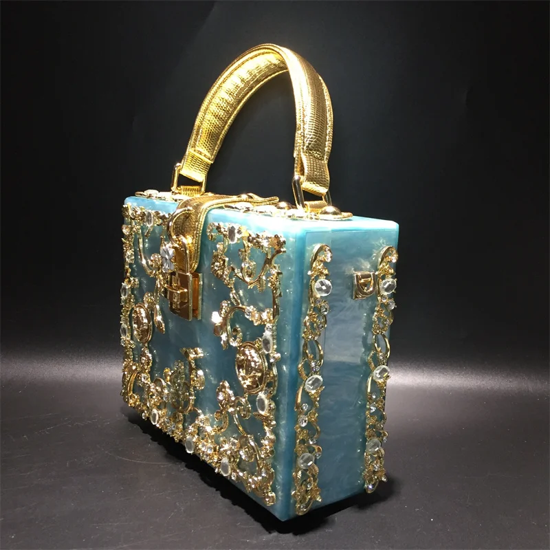 High-Grade crystal Evening Bag Female New Hollow Out Metal Carved Flower Diamond Handbag Box Fashion Chic Shoulder Crossbody Bag