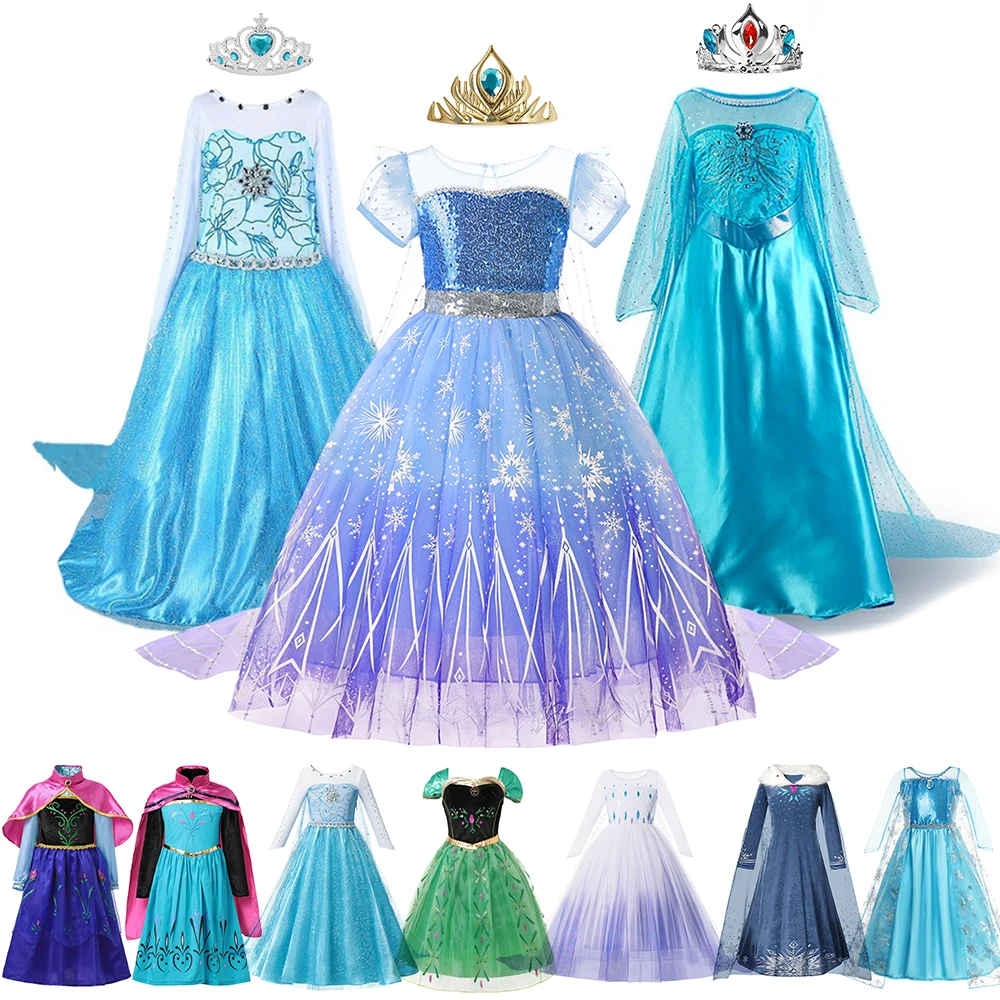 

2-10Y Princess Costume Frozen Elsa Anna Cosplay Dress for Kids Girl Sequins Birthday Party Gowns Snow Queen Halloween Dress Up