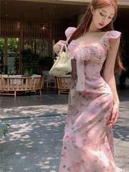 Bowtie floral V-neck flying sleeve dress for women summer pink gentle long dress slim waist A-line Dress 2024 New
