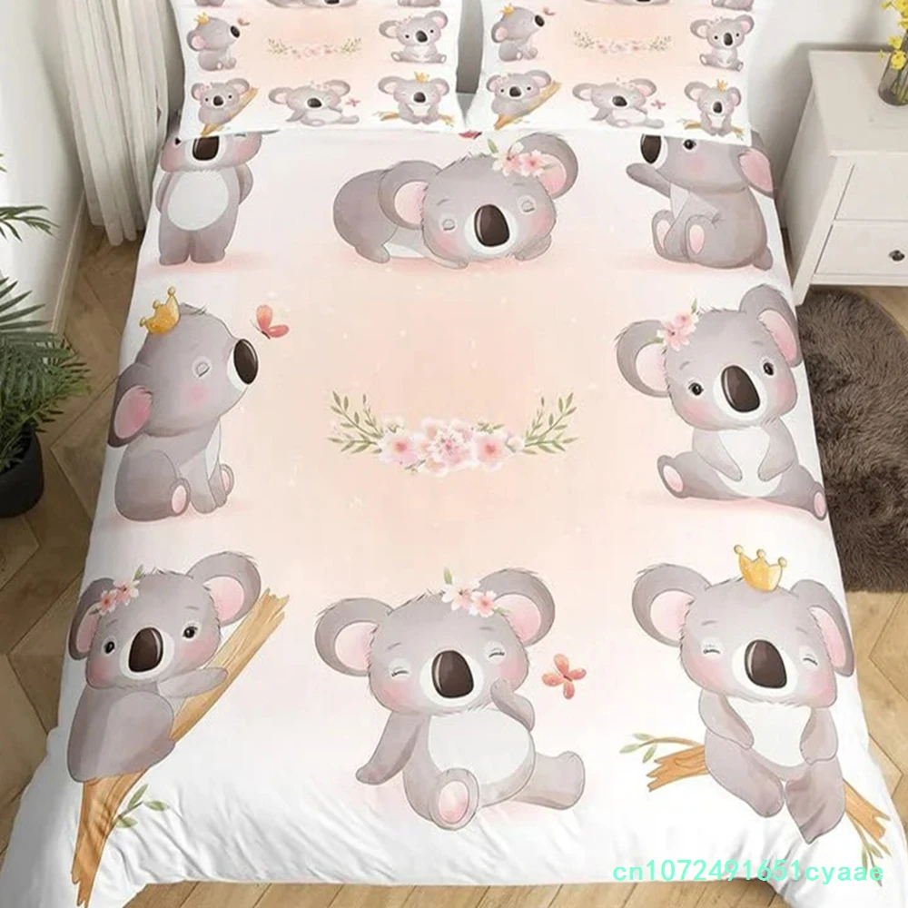 3D Koala Duvet Cover Set Microfiber Cartoon Leaves Boys Bear Australian Wildlife Themed Bedding Set Queen Size Comforter Cover