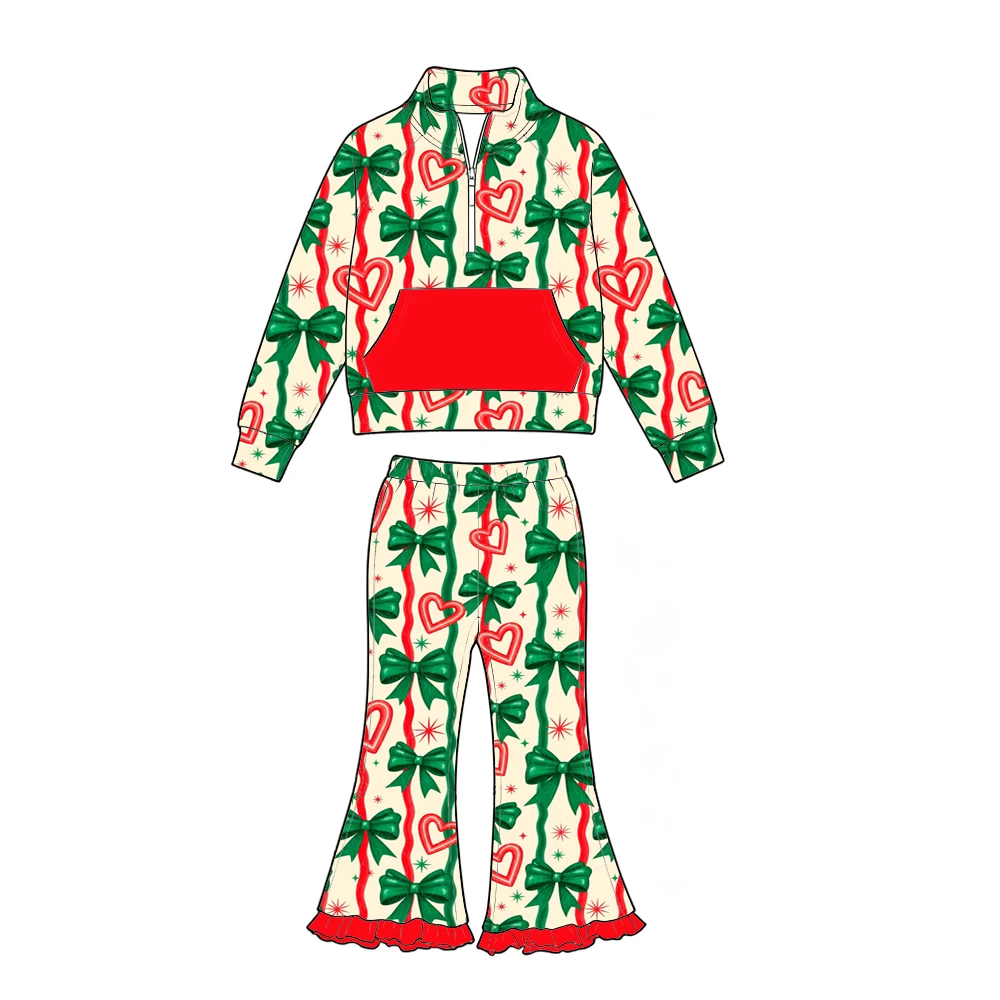 Custom Girls Christmas Zip Tracksuit Santa Gingerbread House Reindeer Bow Heart Pullover Ruffle Bell Bottom Pants Outfit