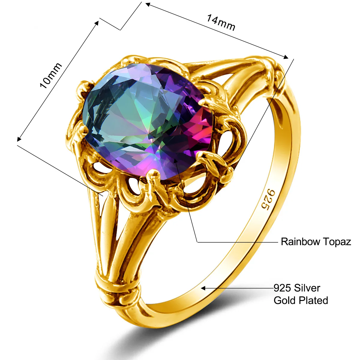 Luxuriöser Gelbgold-Mystic-Topas-Ring mit ovalem Stein 8*10mm Damenschmuck Handgefertigt Hochwertige Edelsteine Geburtstagsgeschenk Trendprodukt – Detail 1