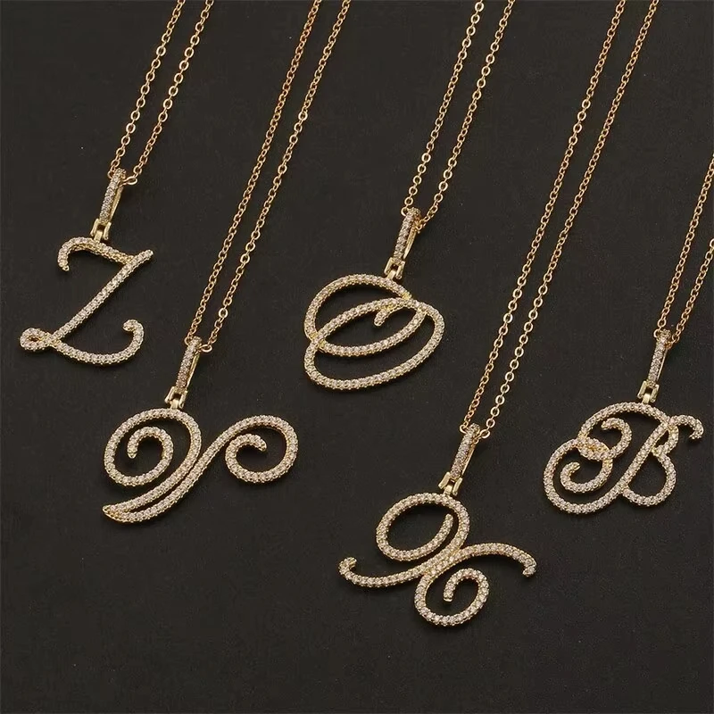 New Fashion Cursive Letters Cubic Zirconia Chain Intial Name Necklace Hip Hop Jewelry Gold Color 26 Alphabet Pendant Necklaces