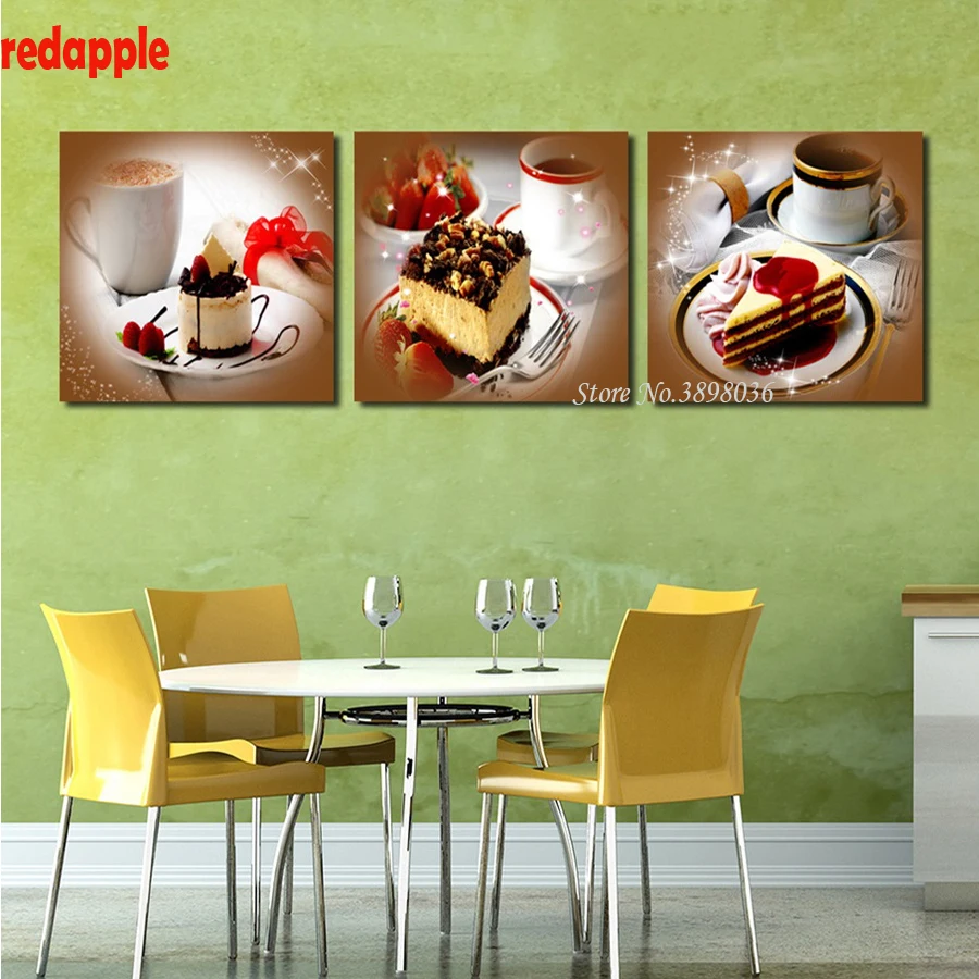 5D Full Square Diamond Painting for Kitchen Decoration, Coffee Cup, Needlework Craft, Embroidery Cake, Fruits, DIY, 3Pcs