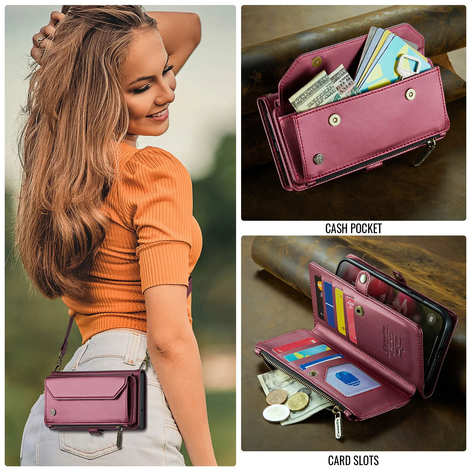 

Caseme-C36 Wallet Case For iPhone 16 15 14 13 11 12 ProMax Mini 6 7 8 Plus SE PU Leather Card Slot Pocket Phone Cover 2 Straps