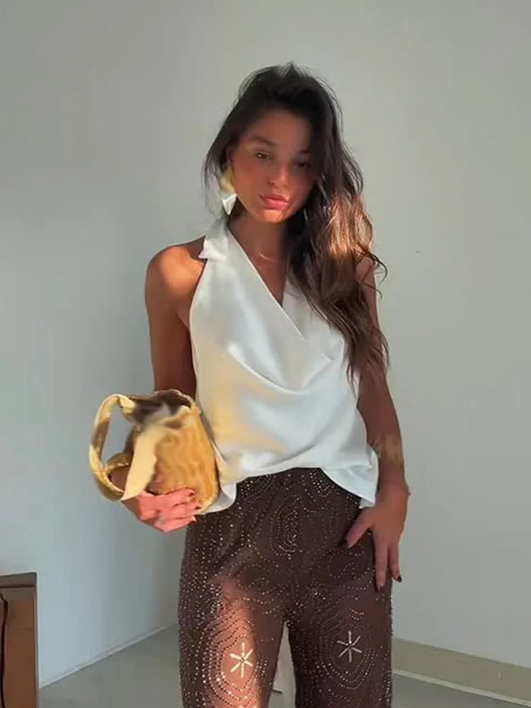 HH New Fashion Top da donna Solido senza maniche Backless Bow Lace-Up Decorazione Donna Estate Sexy Slim Top corto 2 colori