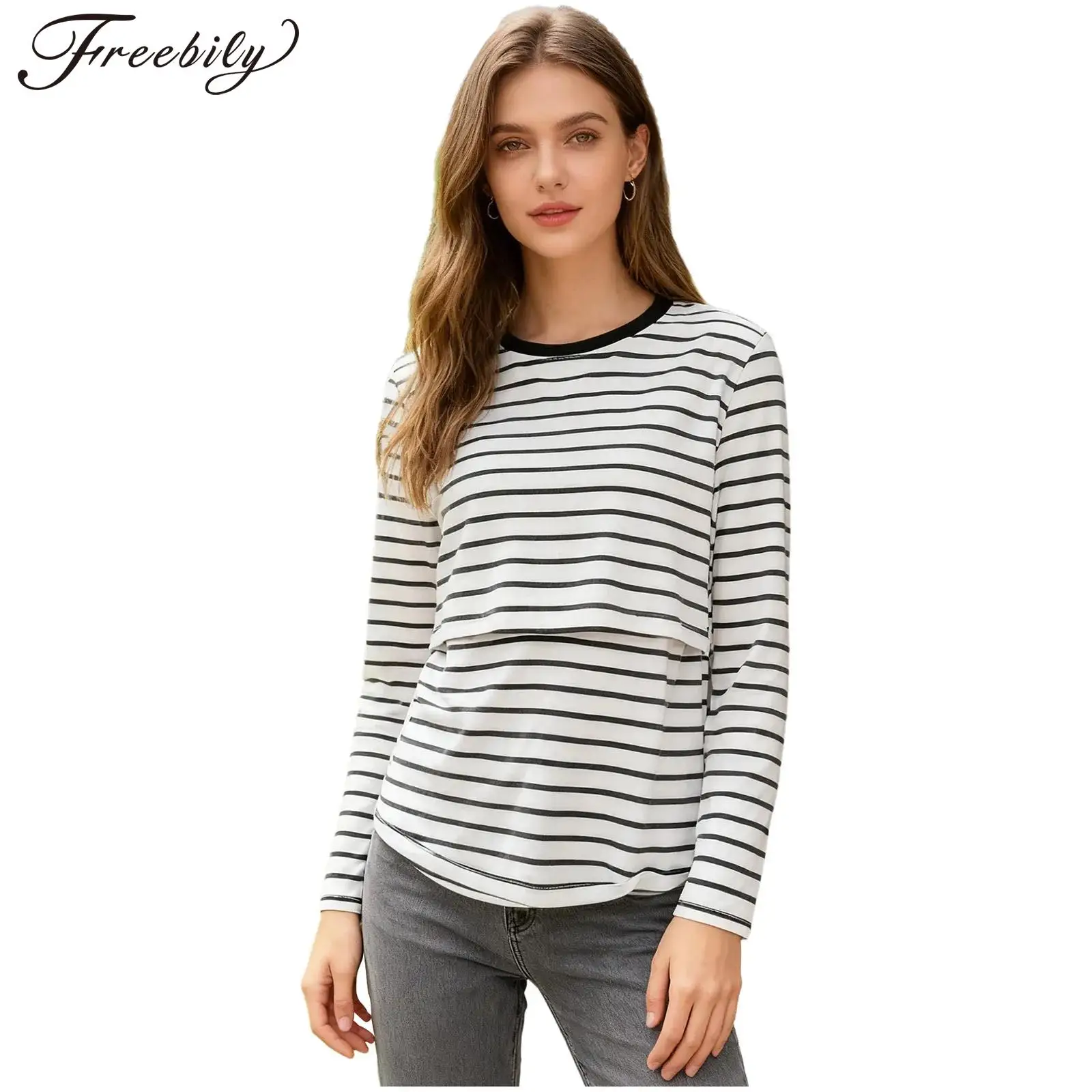 

Women Maternity Nursing Tees Tops Cotton Striped Casual Long Sleeve Breastfeeding T Shirts Top Pregnancy Postpartum Clothing