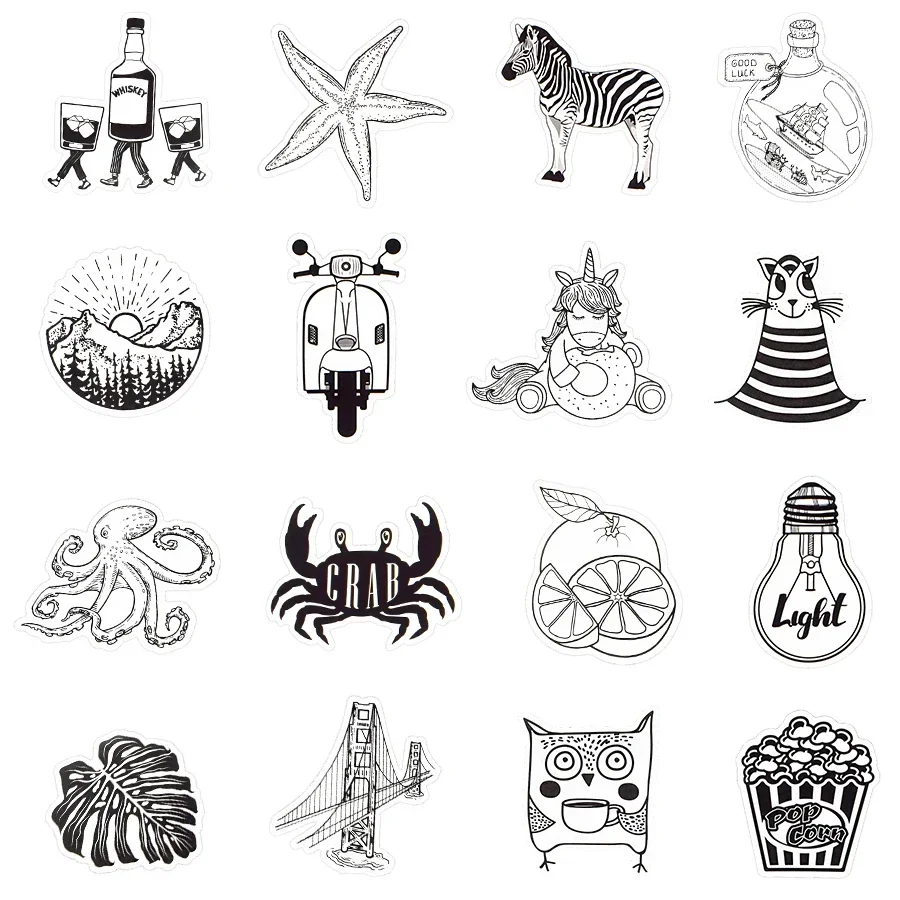 50 PCS Black and White Style Vsco Stickers Anime Cute Graffiti Funny Stickers for Kids Girl Waterproof Decal DIY Laptop Suitcase