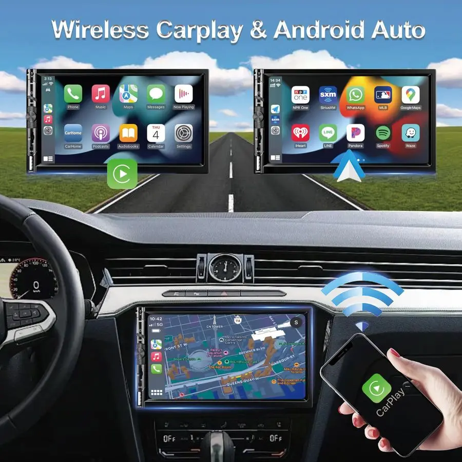 ستيريو سيارة مزدوج الدين 7 بوصة مع Apple Carplay، شاشة لمس HD 1024 600، جهاز استقبال راديو FM للسيارة مع بلوتوث 5.1 بدون استخدام اليدين، نظام تحديد المواقع #2