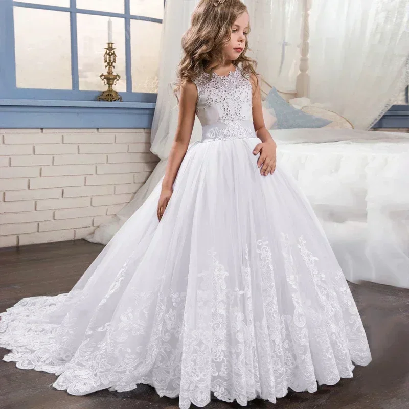 Teen Girls Embroidery Lace Wedding Party Bridesmaid Dress 12 14 Yrs Children Tailing Dresses Formal Occasion Long Dress Vestidos