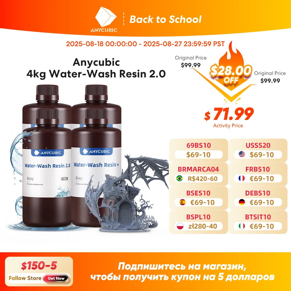 

3D-принтеры Anycubic Water-Wash из смолы, моющаяся в воде, 365-405 нм для ЖК-дисплея DLP Photon M3 Plus Max 7K моно 6K печати