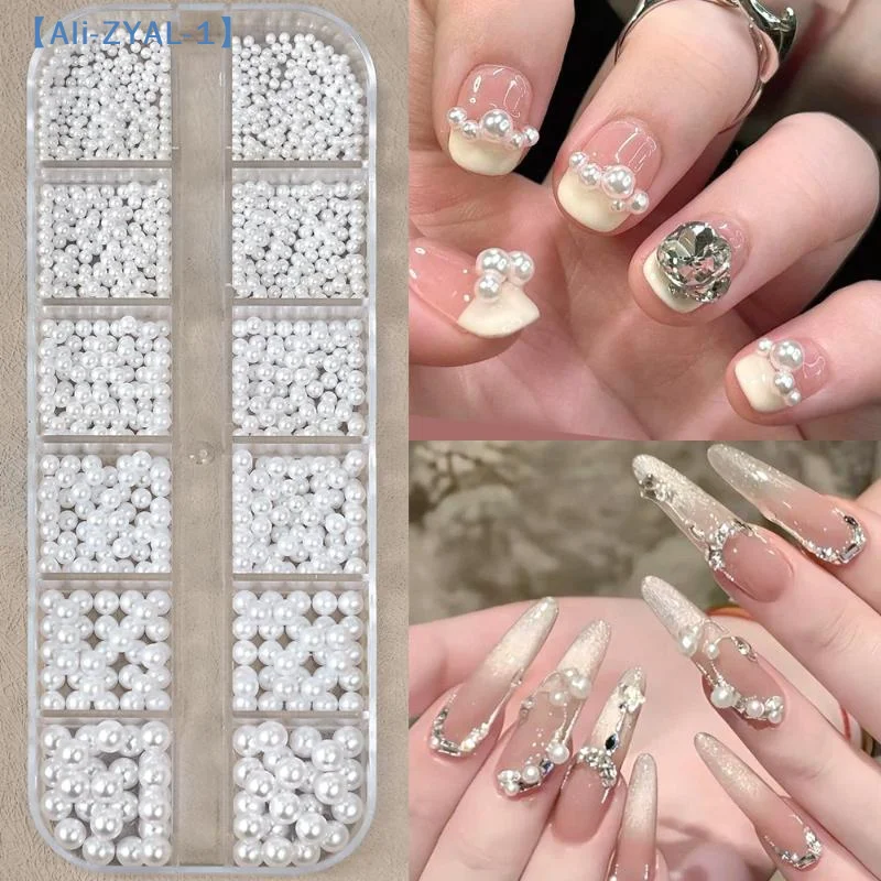 【ZYAL-1】12 Grids Half Round Pearls Bead 3D Nail Charms 1.5/2/2.5/3/4/5 Mm White Flatback Pearls Nail Pearl Rhinestone