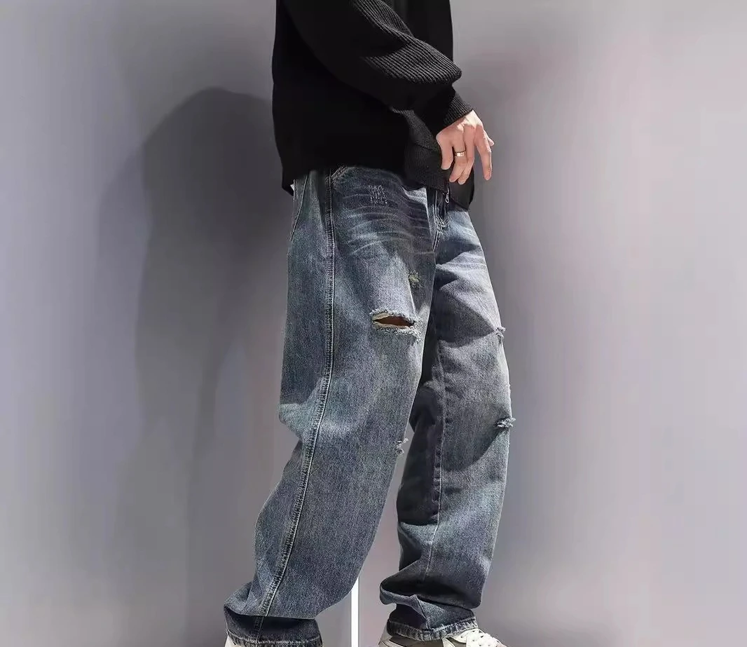 New Men's Ripped Jeans Baggy Straight Fashion Vintage Blue Denim Pants Personality Streetwear Hip Hop High Quality Male Trousers