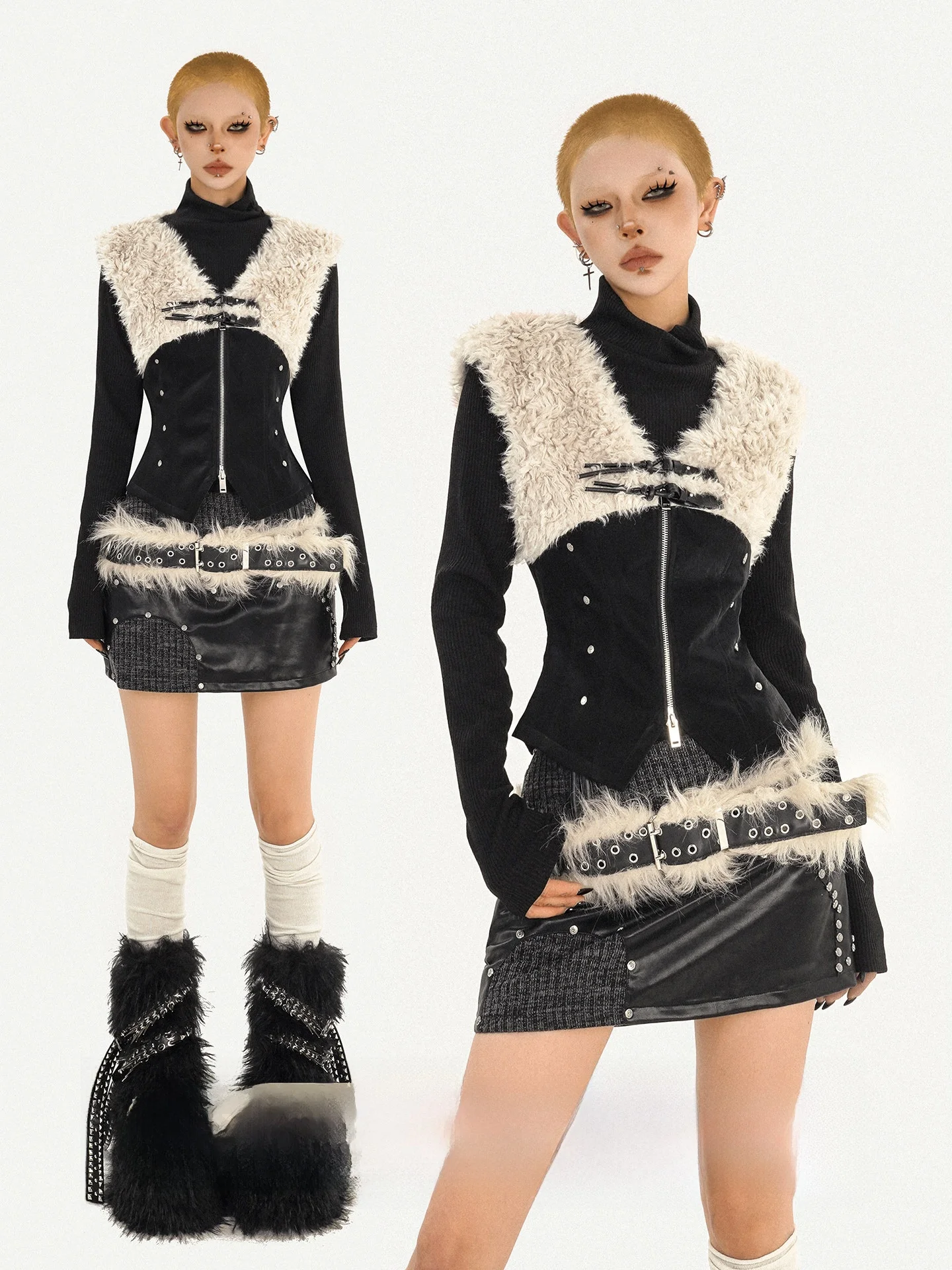 

Y2K Hot Girl Design Plu Patchwork Leather Vest Women's Waist-Cinching Slim Fit V-ne Outerwear ort Zipper Jaet