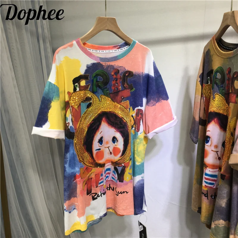 Trendy Gradient Tie Dye Cartoon Hot Drilling Women T-shirt Mid-long Loose O-neck Oversize Top Gold Sequins Short Sleeve Tees