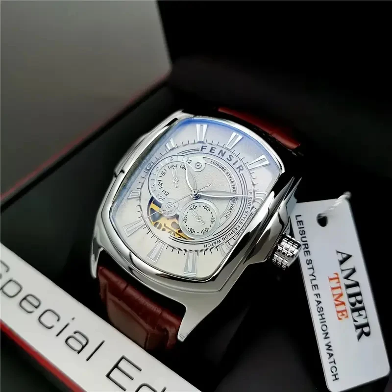 

High-End Luxury Men's Watch, Business Punk Style, Barrel-Shaped Large Dial, Calendar Function, Leather Strap Quartz Watch, Suitable for Male Students - Ideal for Fashion Parties and Gifts, Christmas, Graduation Season