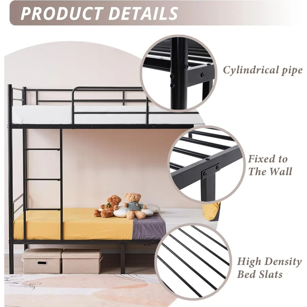 Bunk Bed Twin Over Twin, Metal Bunk Bed with Built-in Ladder and Safety Guardrail, Space-Saving Twin Bunk Beds for Kids, Teens