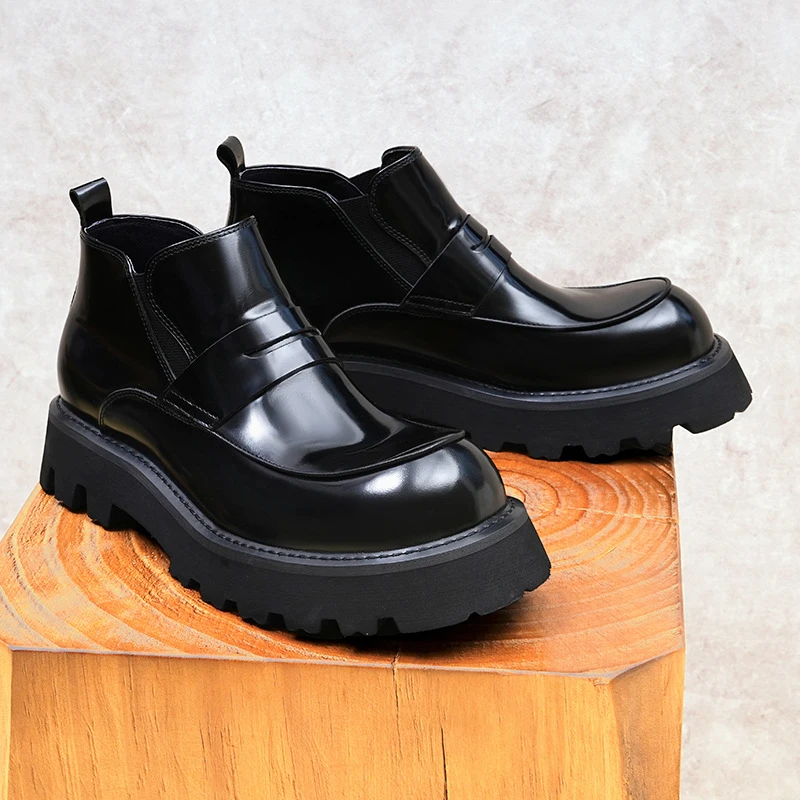 

Men’s Genuine Cow Leather Boots Banquet Business Suits Slip On Cowhide Black Luxury Shoes Man Winter