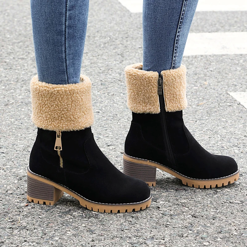 

Winter New Foreign Trade Round Head Block High Heels Warm Snow Boots for Women Faux Suede Side Zipper Fur Ankle Booties Big Size