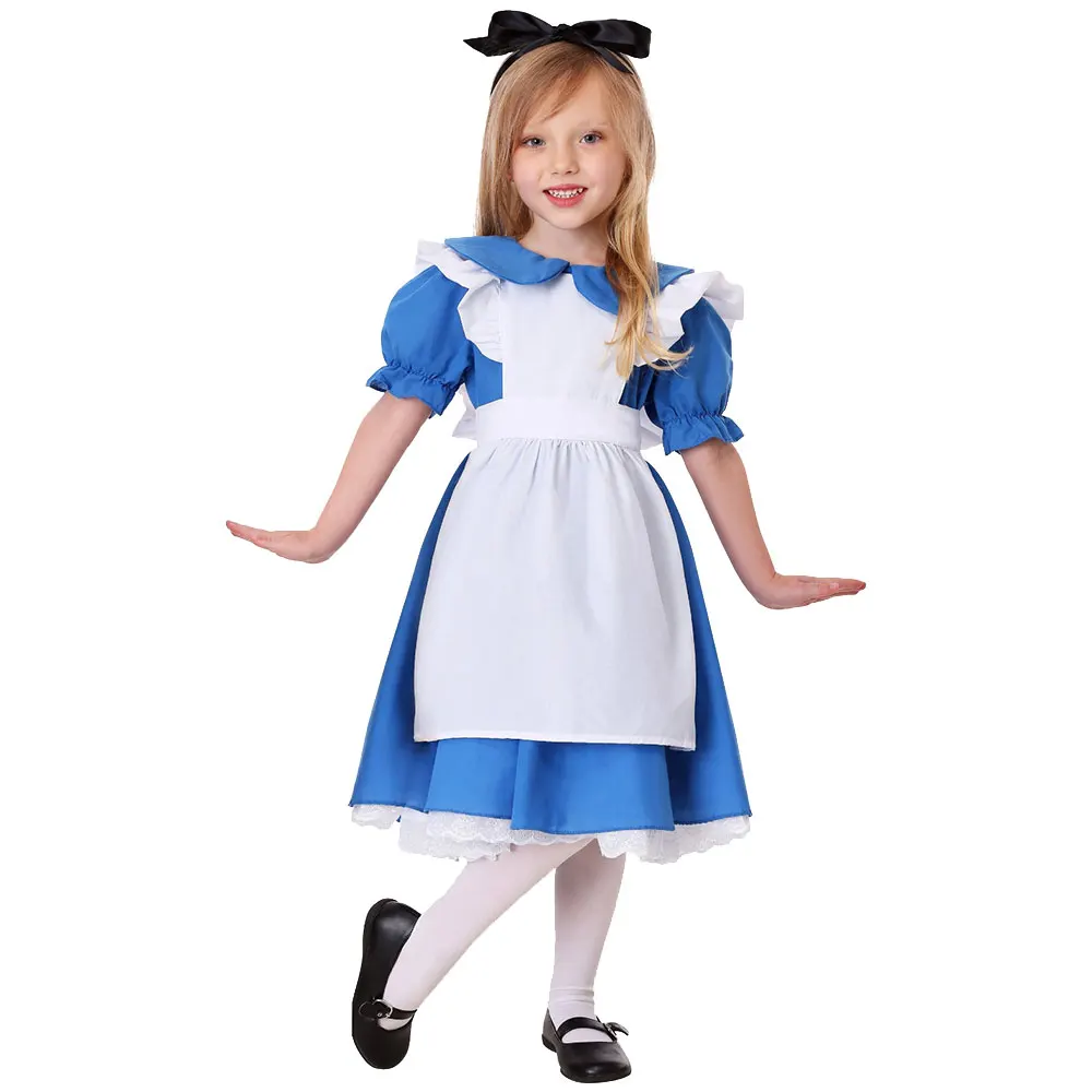 Dziecięca dziewczyna niebieska Alicja w krainie czarów kostium na Halloween dla dzieci Party Lolita pokojówka sukienka Cosplay Alice w krainie czarów kostium dziewczęcy