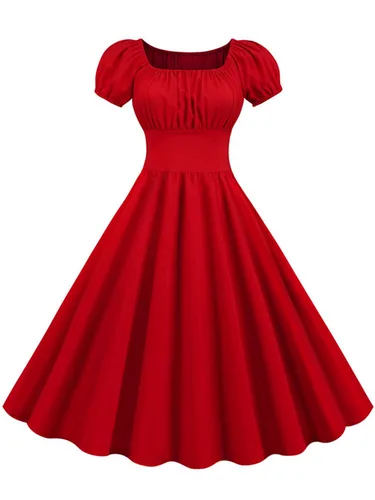 Vestido de verano de manga abullonada para mujer, Sexy, informal, Vintage, Pin Up, vestido de fiesta, sólido, elegante, Midi