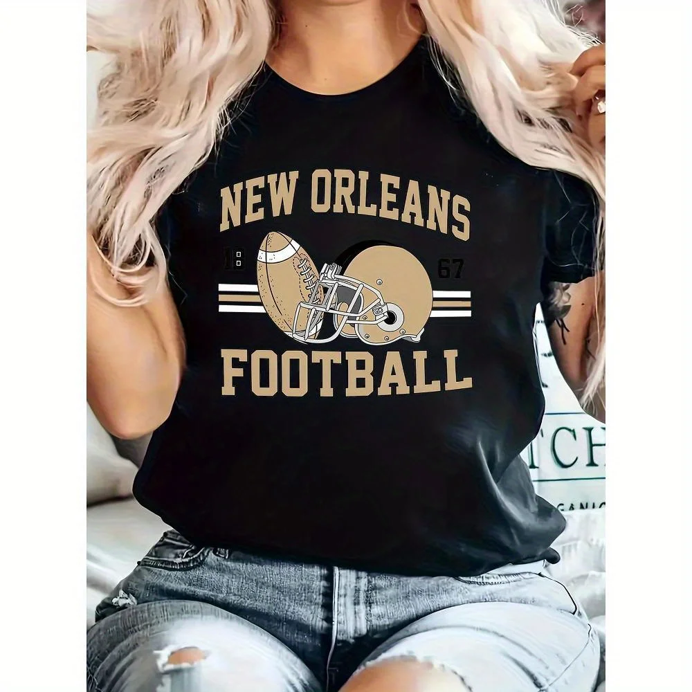 

New Orleans Football Print T-Shirt, Casual Crew Neck Short Sleeve Comfort Tee Top For Spring & Summer, Women'S Clothing
