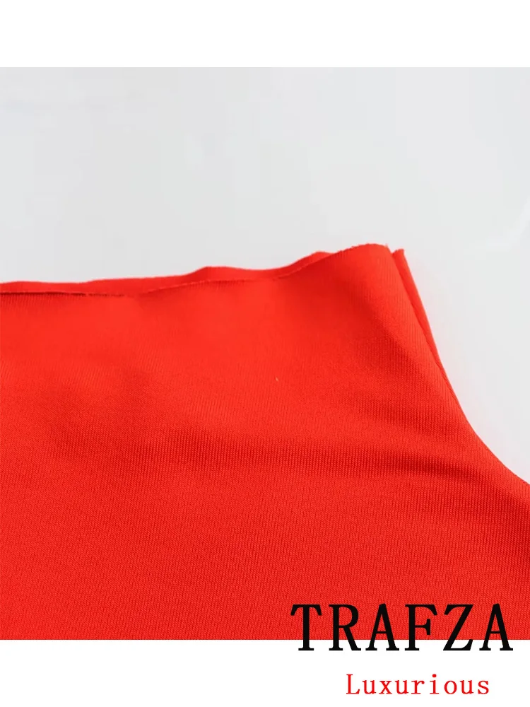 TRAFZA Sexy Vintage Bodysuits Red Solid Sleeveless Half High Collar Slim Bodysuits Fashion 2024 Spring Summer Female Jumpsuits