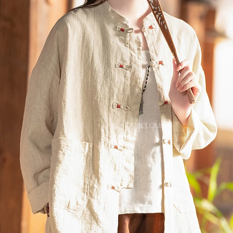 2025 New Chinese Style Blouse - Cotton Linen Mandarin Collar Shirt with Frog Buttons, Zen Tea Ceremony & Casual Cardigan