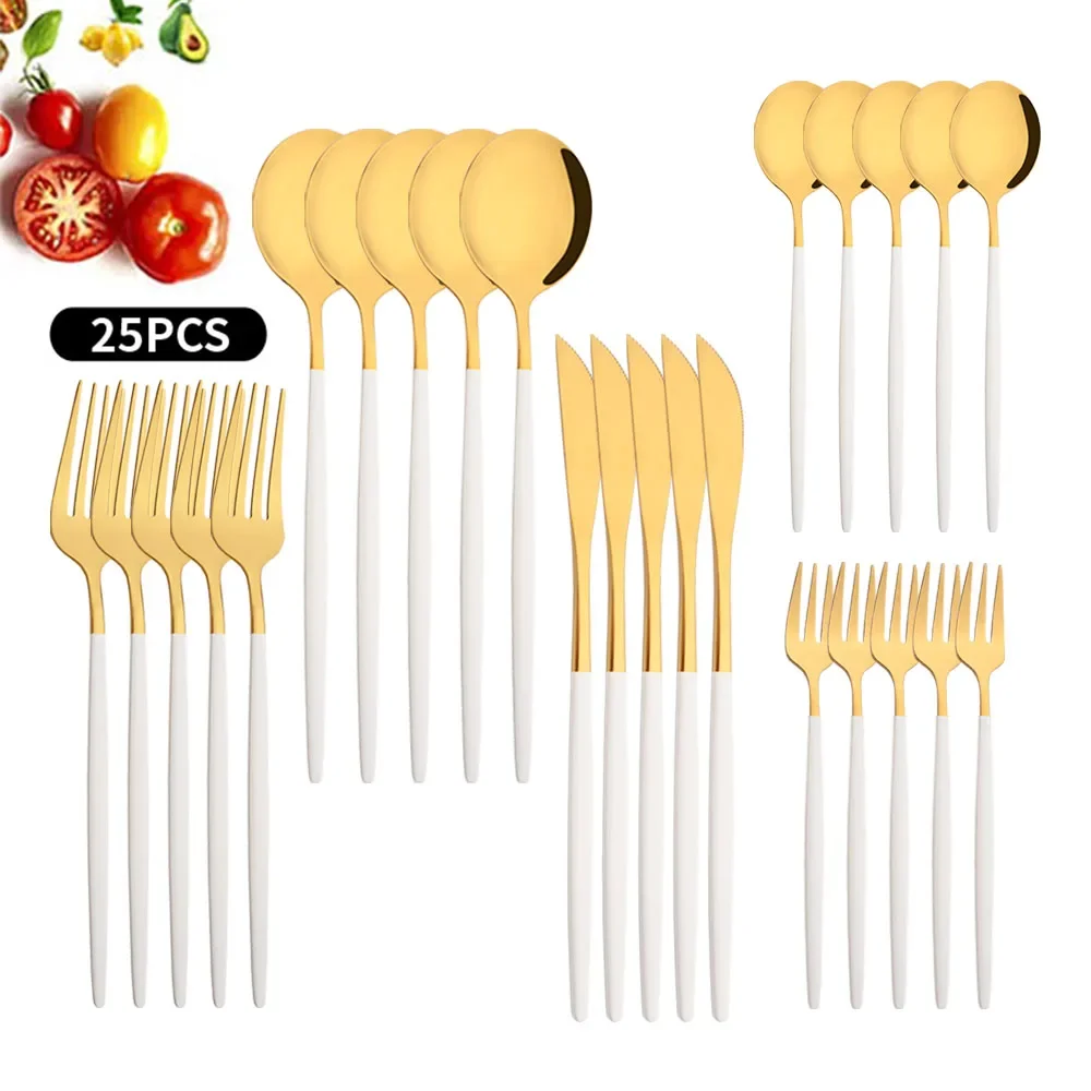 Luxury 25Pcs White Gold Cutlery Set Knife Fork Tea Spoon Dinnerware Set Stainless Steel Flatware Western Kitchen Tableware Set