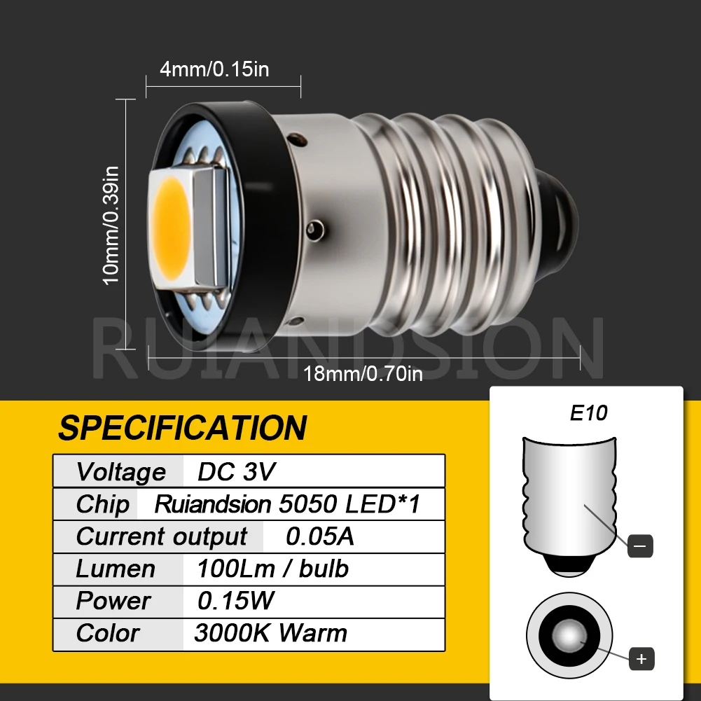 2Pcs E10 Lamp LED Bulb 3V 6V 12V 24V Warning Signal Bulbs 3000K 4300K 6000K White MES 1447 Screw for Torch Bike Bicycle view 6