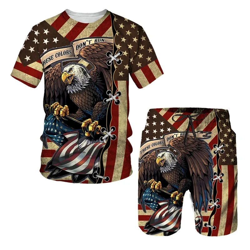 The Eagle and the American Flag 3D Sweatshirt Short Sleeve T-Shirt Set Fashion Streetwear Shorts 2 Piece Sportswear Men clothing