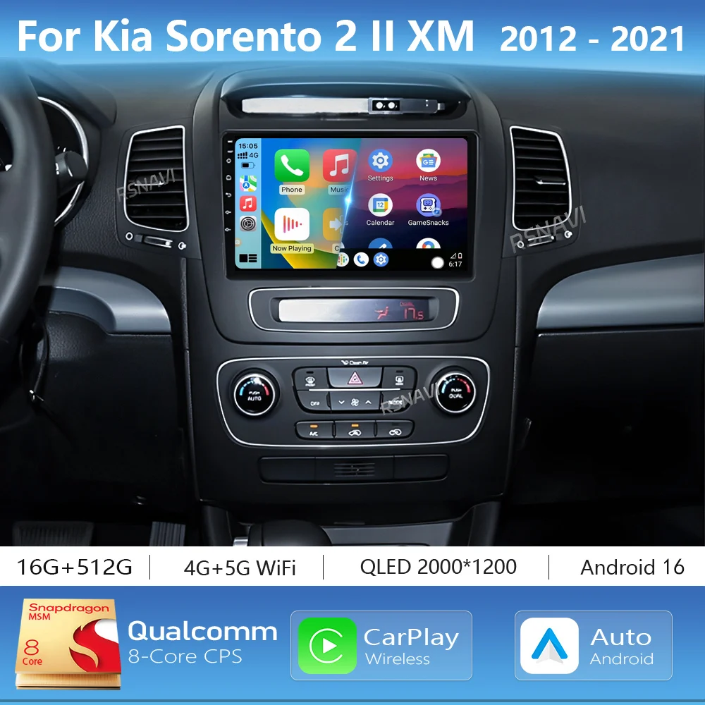 Android 16 Carplay Auto Car Multimedia Radio Player For Kia Sorento 2 II XM 2012 - 2021 DSP Autoradio GPS Stereo 2din Head Unit